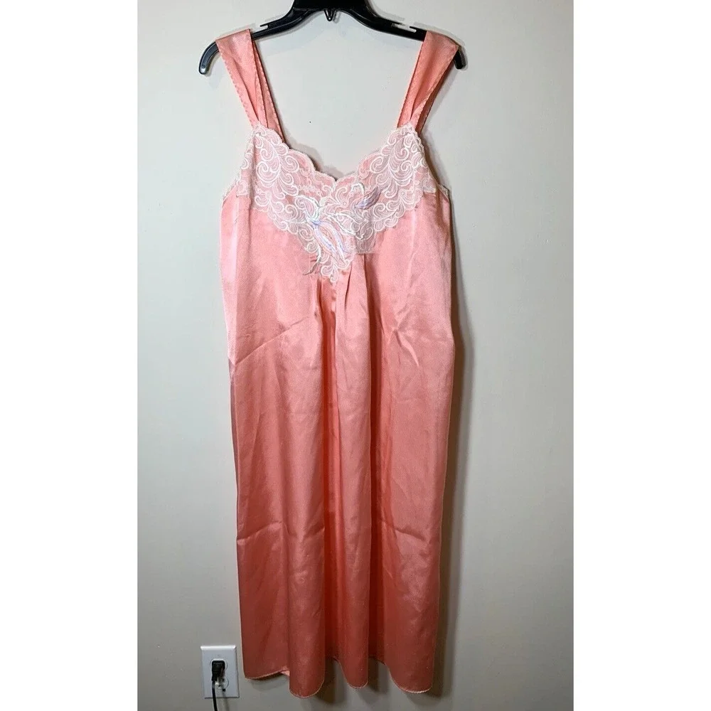Natori‎ Chemise Nightgown Womens Small Peach Satin Slip Dress Lace Embroidered